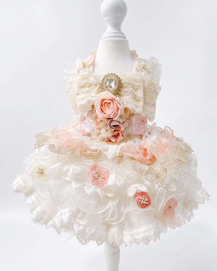 Front view of handmade luxury ivory blush pink dog wedding dress with floral embellishments