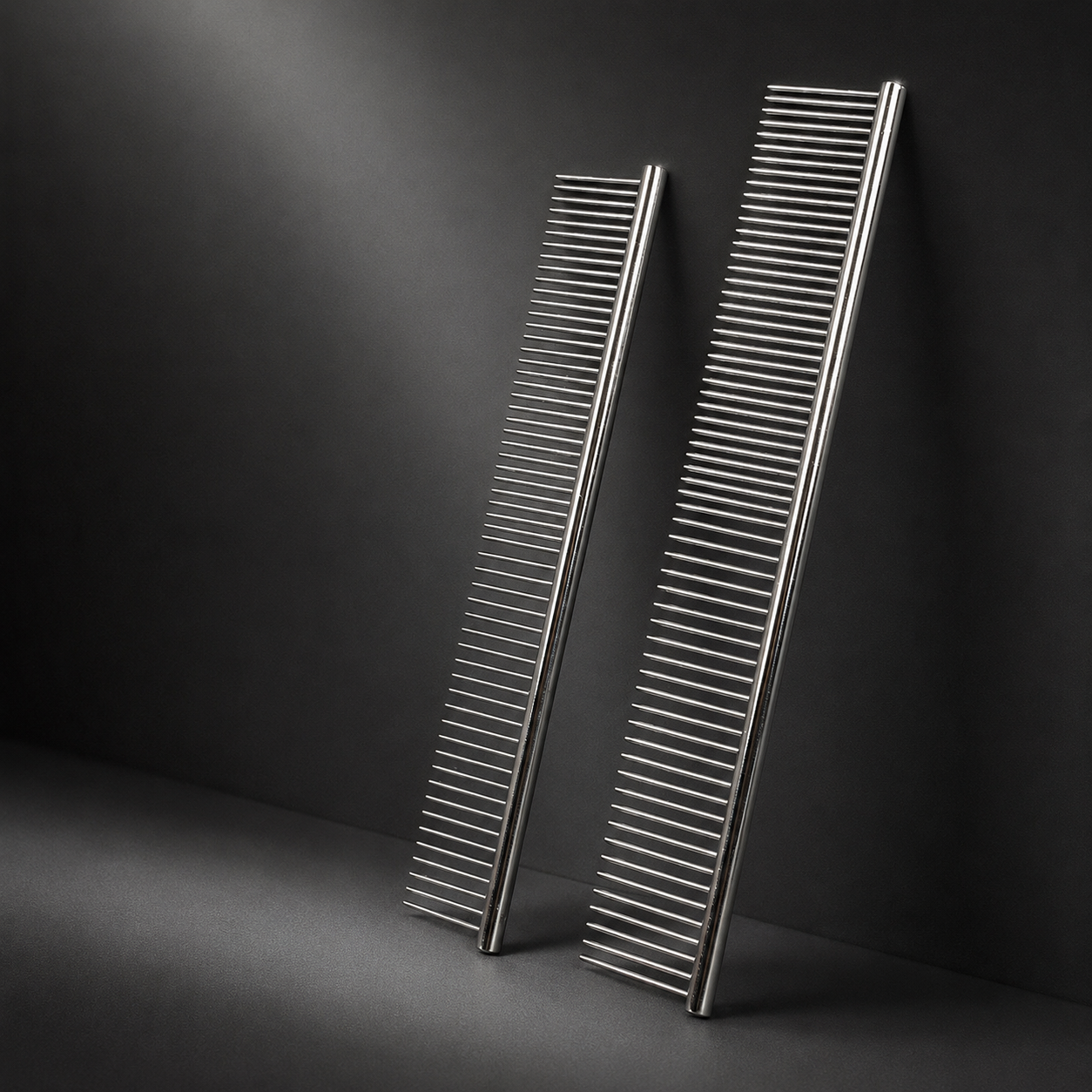 Two stainless steel pet row combs showing small and large sizes