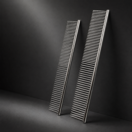 Two stainless steel pet row combs showing small and large sizes
