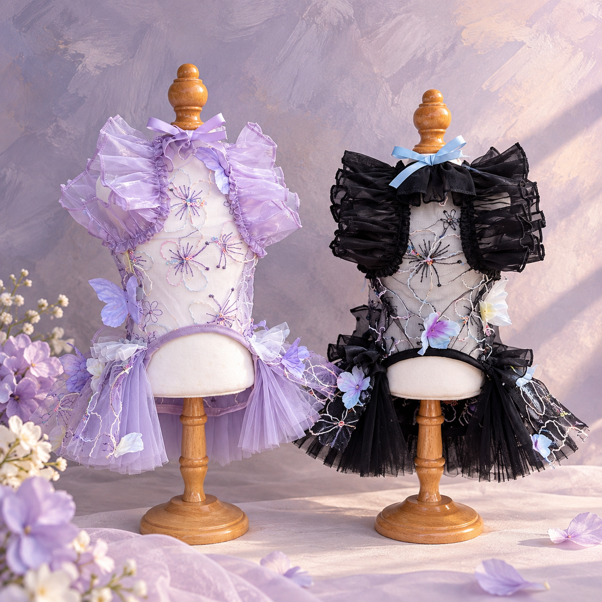 Back view of Lavender and Black ruffled lace pet dresses