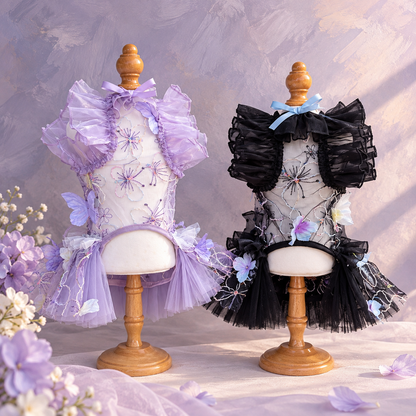 Back view of Lavender and Black ruffled lace pet dresses