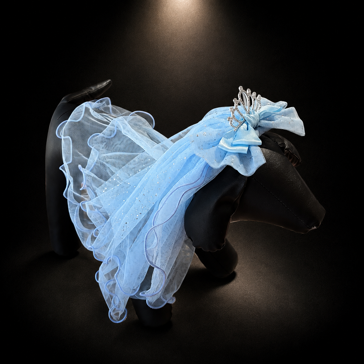 Blue tulle tiara pet veil headpiece side view on dog display form with sheer mesh layers