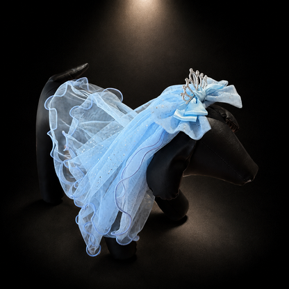 Blue tulle tiara pet veil headpiece side view on dog display form with sheer mesh layers
