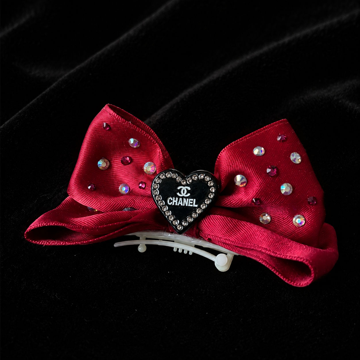Satin Rhinestone Pet Bow Hair Clip - visible pet bow hair clip detail view 3