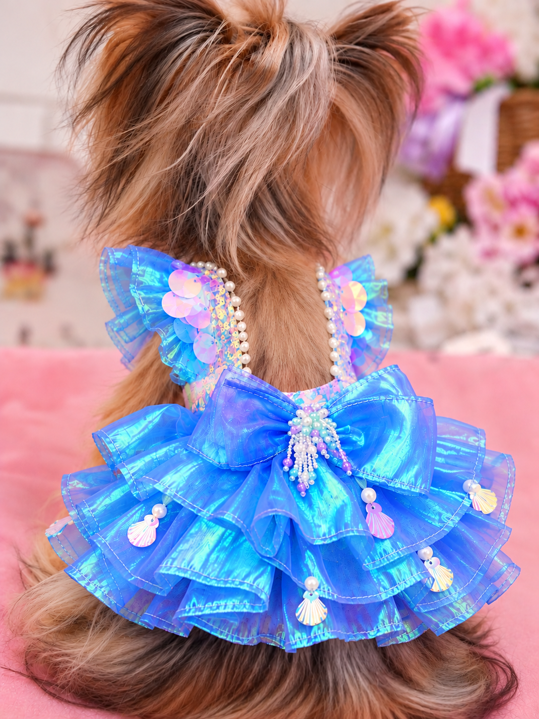 Small dog wearing iridescent blue mermaid dress with layered ruffle skirt