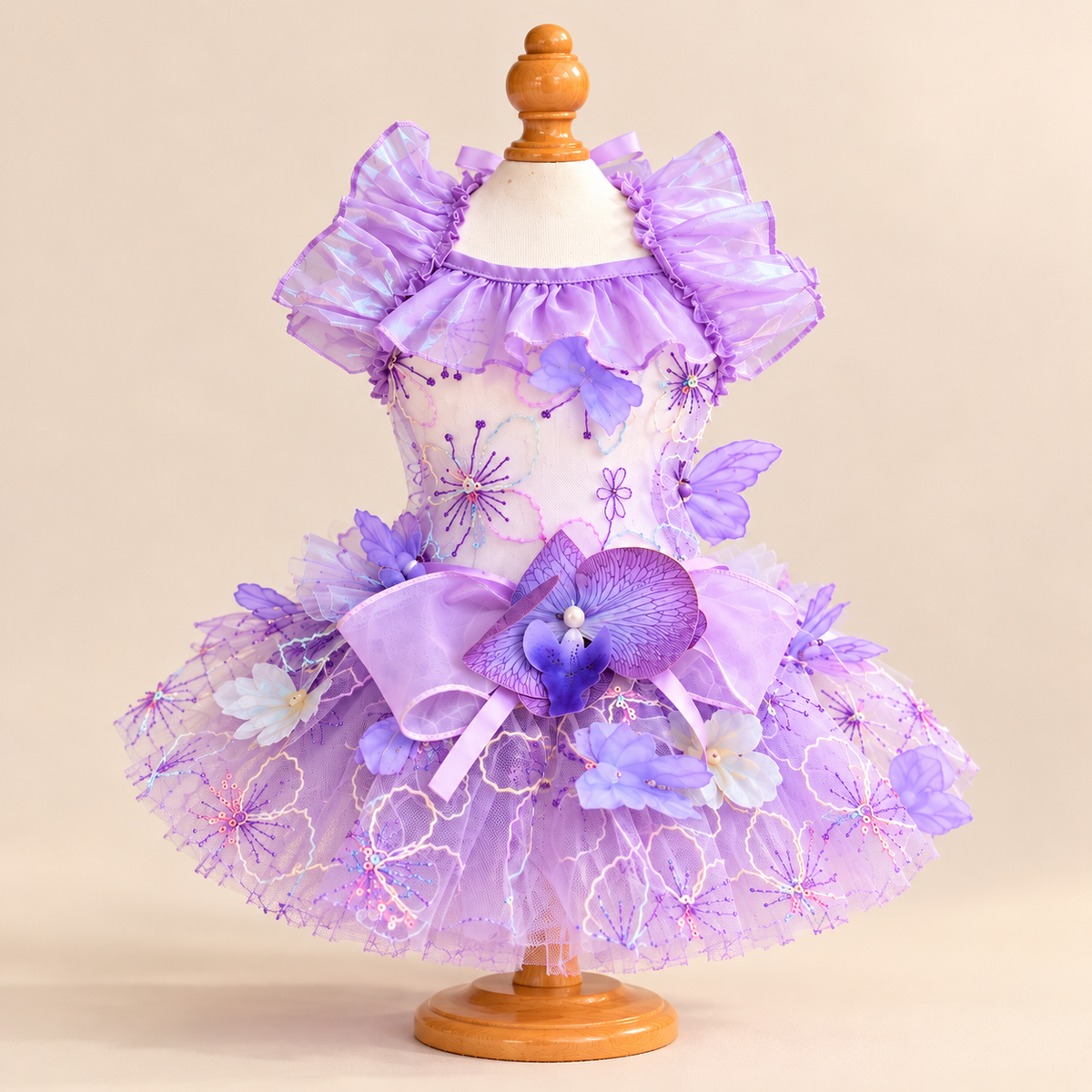 Front view of Lavender handmade orchid-style lace tulle pet dress