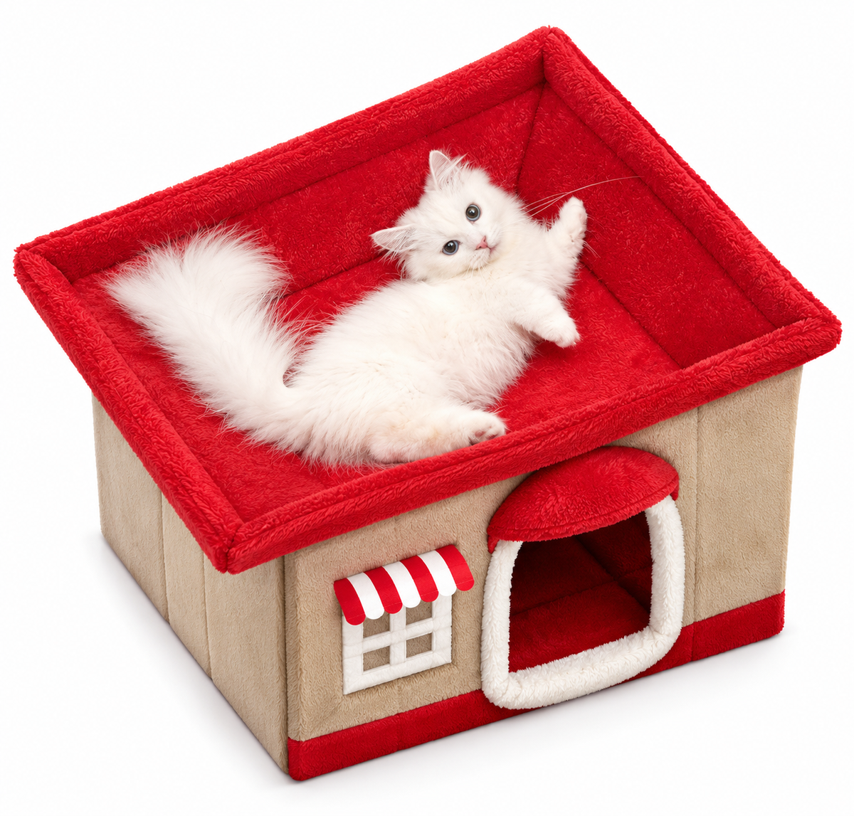 Plush House Cat Bed with Removable Cushion - cat resting on the red roof above the arched entrance - image 2
