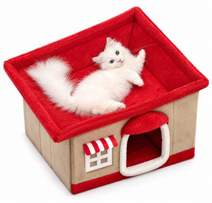 Plush House Cat Bed with Removable Cushion - cat resting on the red roof above the arched entrance - image 2