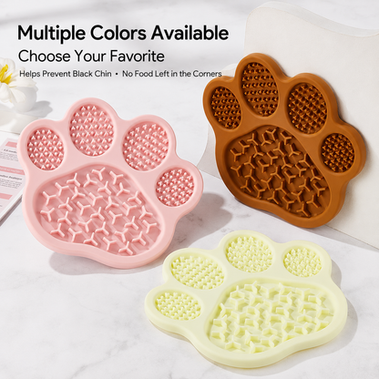 Three color paw silicone pet slow feeder mats in brown pink and light yellow