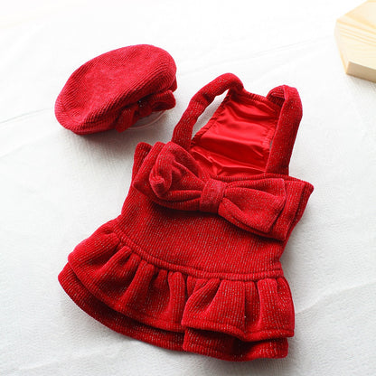 Red Dog Dress with Matching Hat Elegant Holiday Outfit for Small Pets