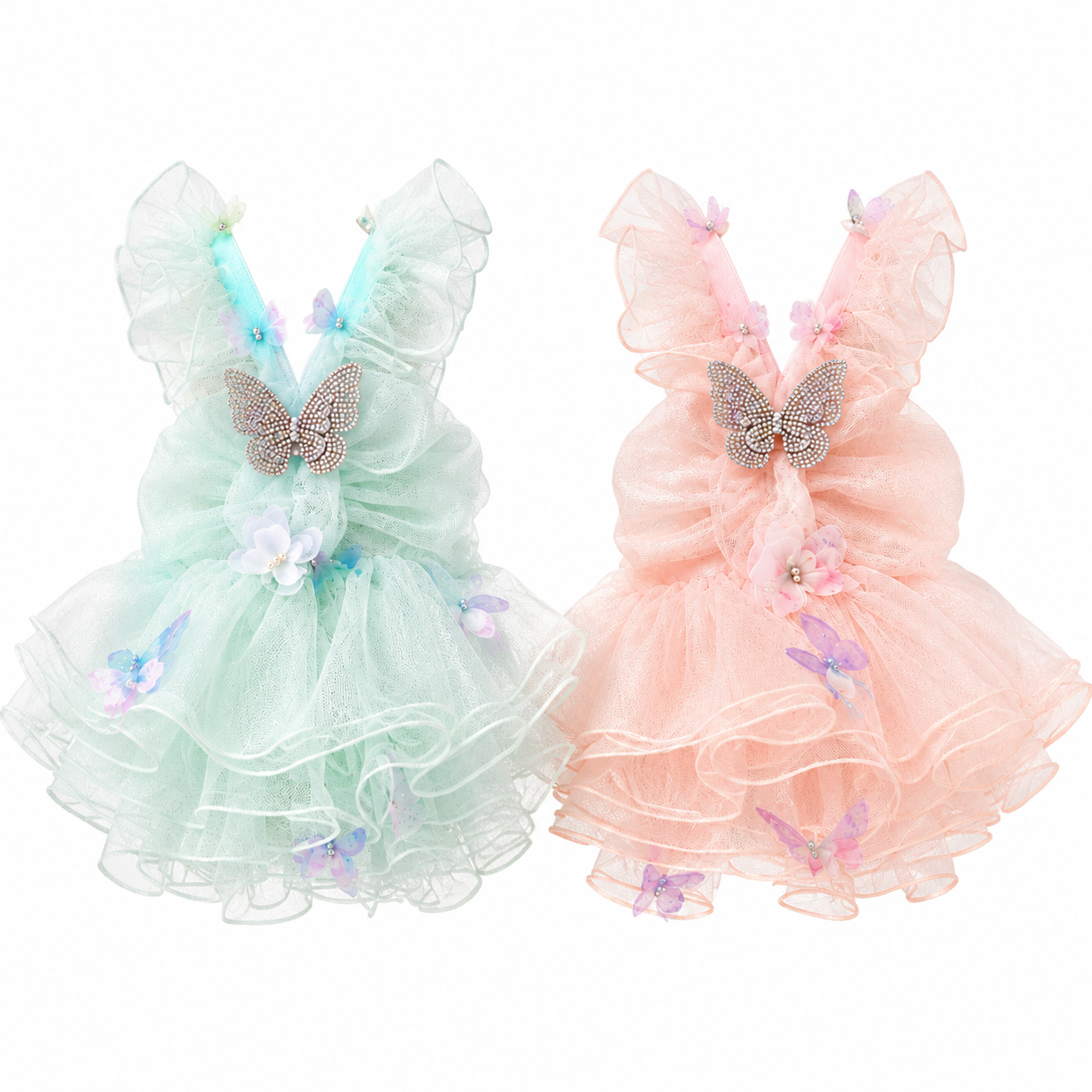 Back view of small dog wearing mint green fairy dress featuring rhinestone butterfly decoration and luxury layered tulle design
