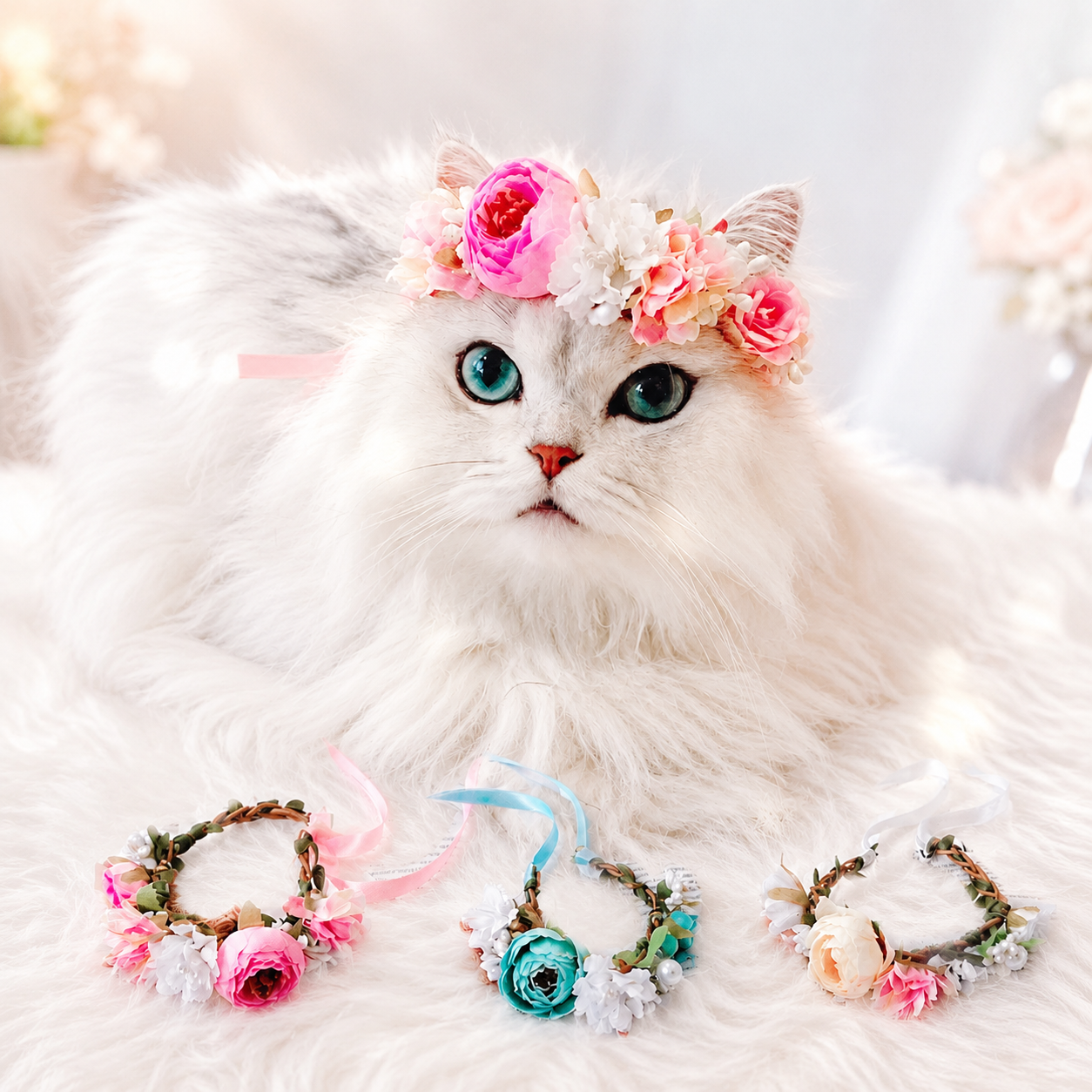 Cat wearing pink floral crown headpiece with flower wreaths displayed in front