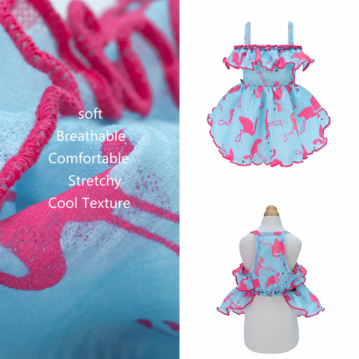 Product collage showing fabric detail, front view, and back view of the blue flamingo dog dress