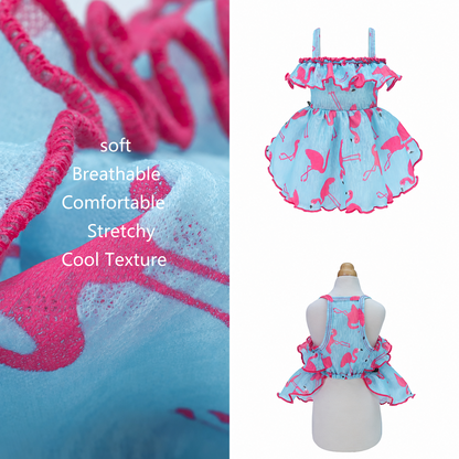 Product collage showing fabric detail, front view, and back view of the blue flamingo dog dress