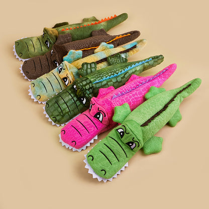 Interactive plush crocodile squeaky dog toy available in multiple colorful styles