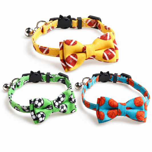 Three sports bow tie cat collars with bells in yellow football, green soccer, and blue basketball prints.