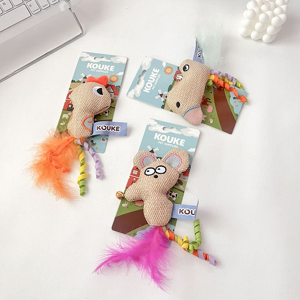 Three assorted KOUKE woven catnip cat toys in mouse, chicken, and donkey designs