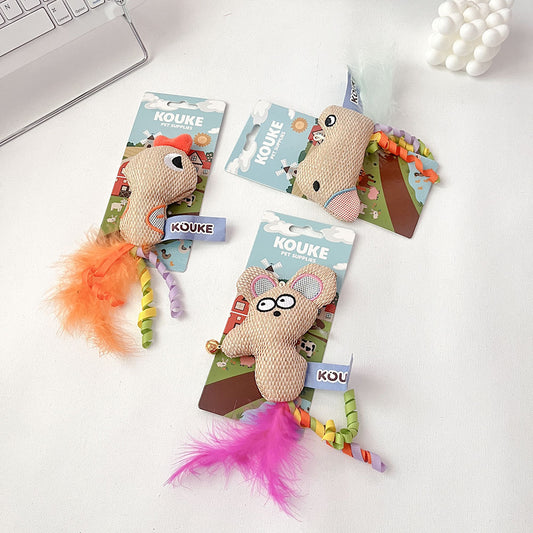 Three assorted KOUKE woven catnip cat toys in mouse, chicken, and donkey designs