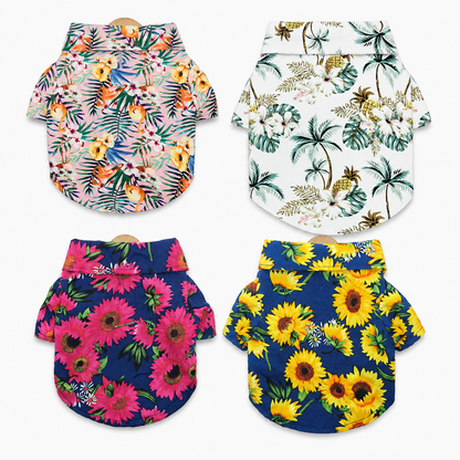 Four tropical floral dog shirt color options shown together
