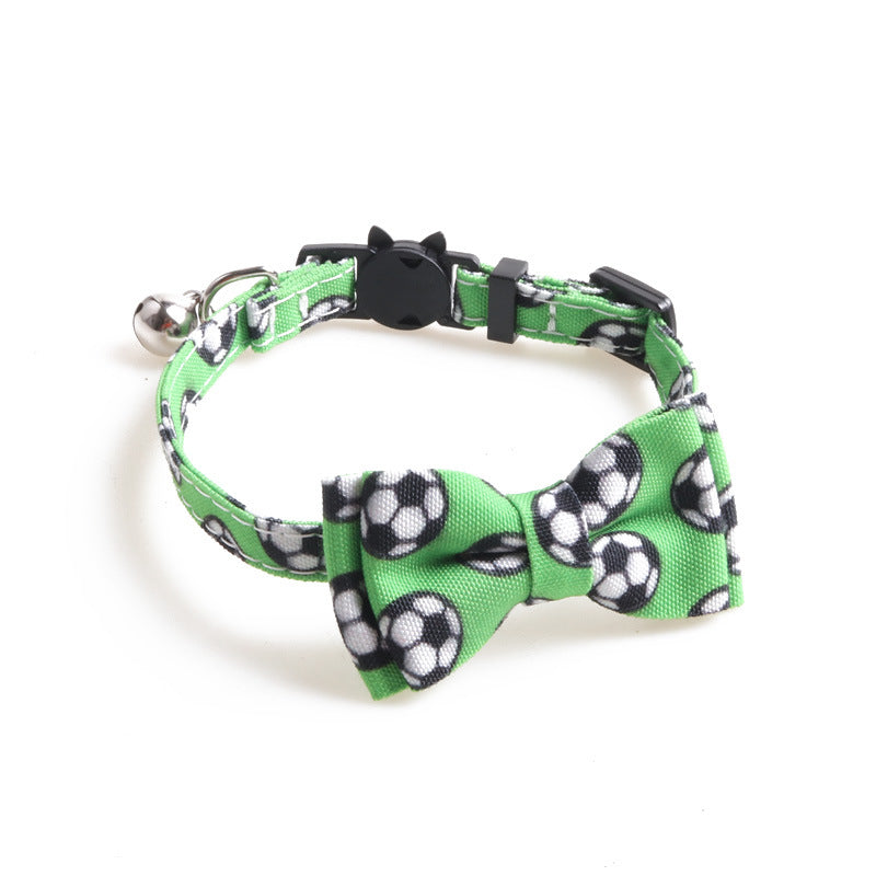 Green soccer print bow tie cat collar with bell and matching bow tie.