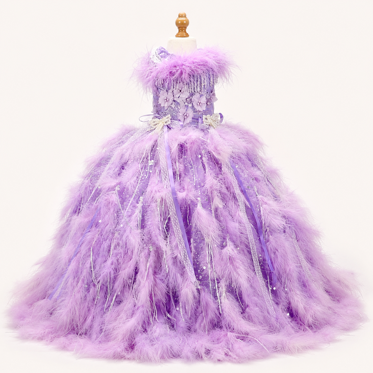 Luxury lavender feather pet wedding gown with crystal fringe and floor length bridal skirt
