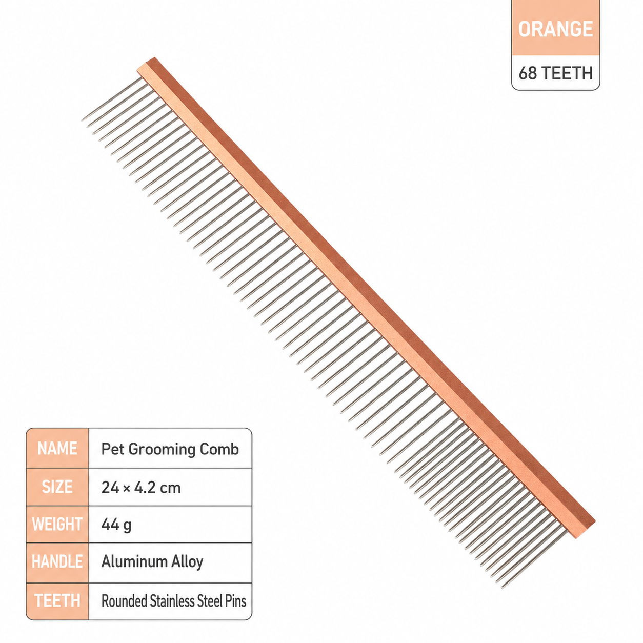 Orange 68 teeth pet grooming comb with rounded stainless steel pins and size details
