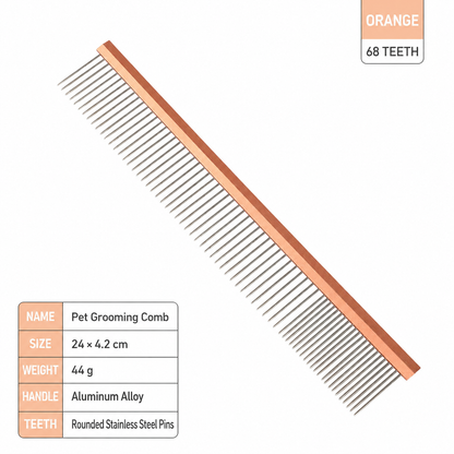 Orange 68 teeth pet grooming comb with rounded stainless steel pins and size details