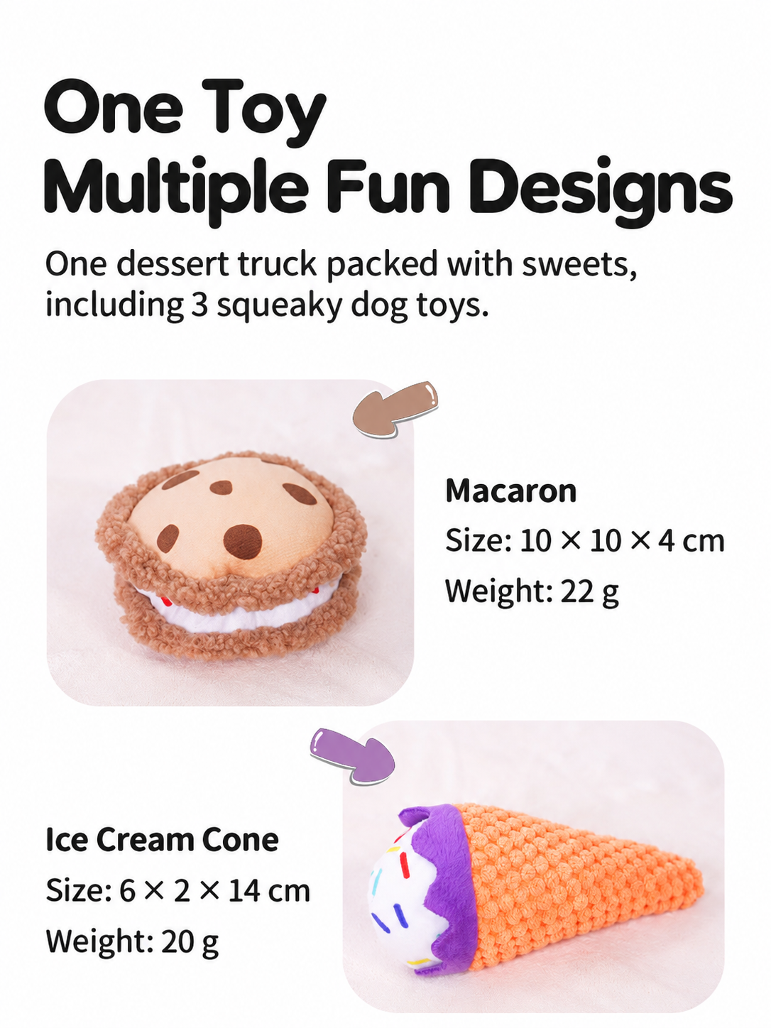 Macaron and ice cream cone dog toy dimensions from four-piece dessert truck set