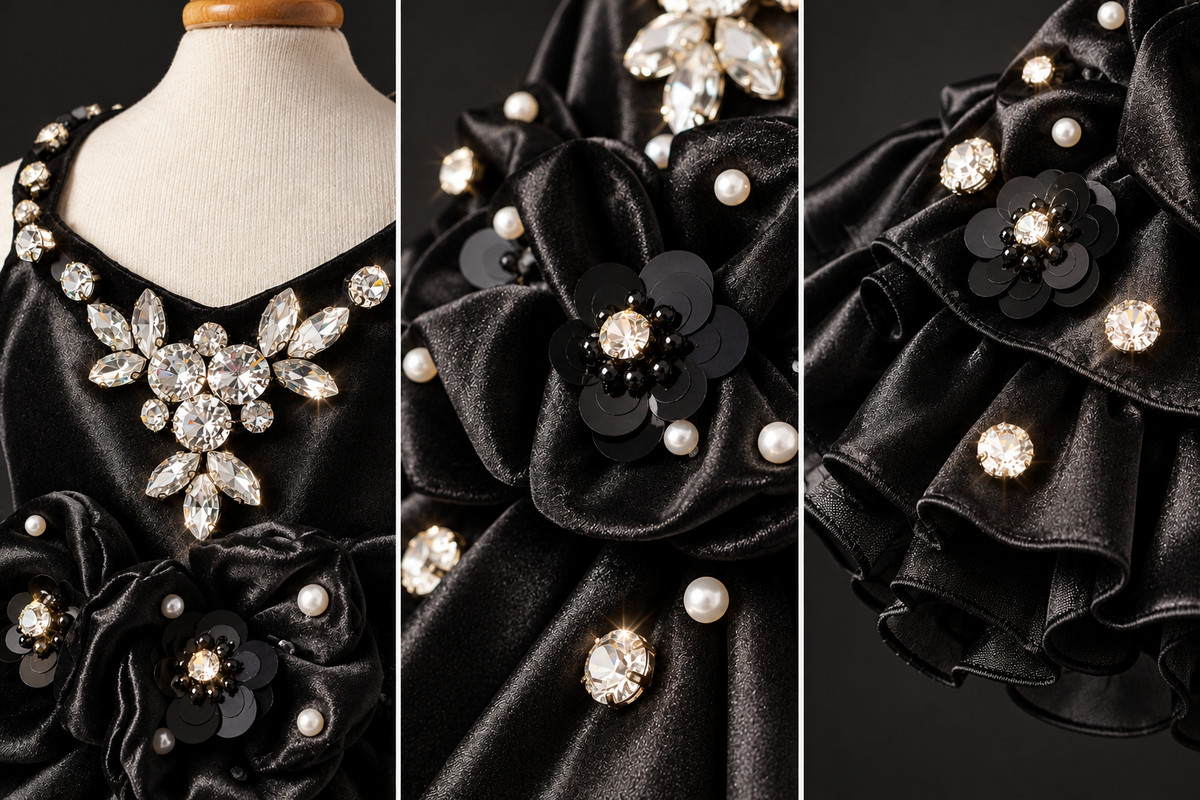 Close-up collage of clear gem accents pearl-style beads and black floral dress details