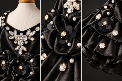 Close-up collage of clear gem accents pearl-style beads and black floral dress details