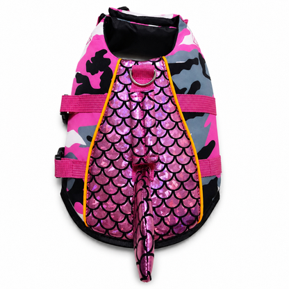 Pink XS mermaid dog life jacket with fish scale tail, pink camo panels, D-ring, and buckle straps