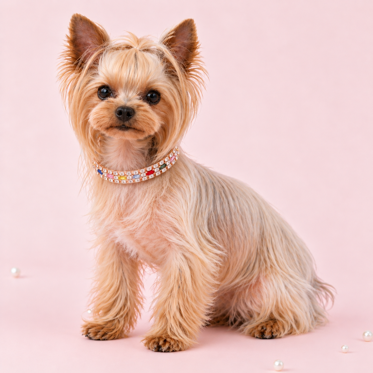 Small dog wearing a multicolor rhinestone pet necklace on a pink backdrop