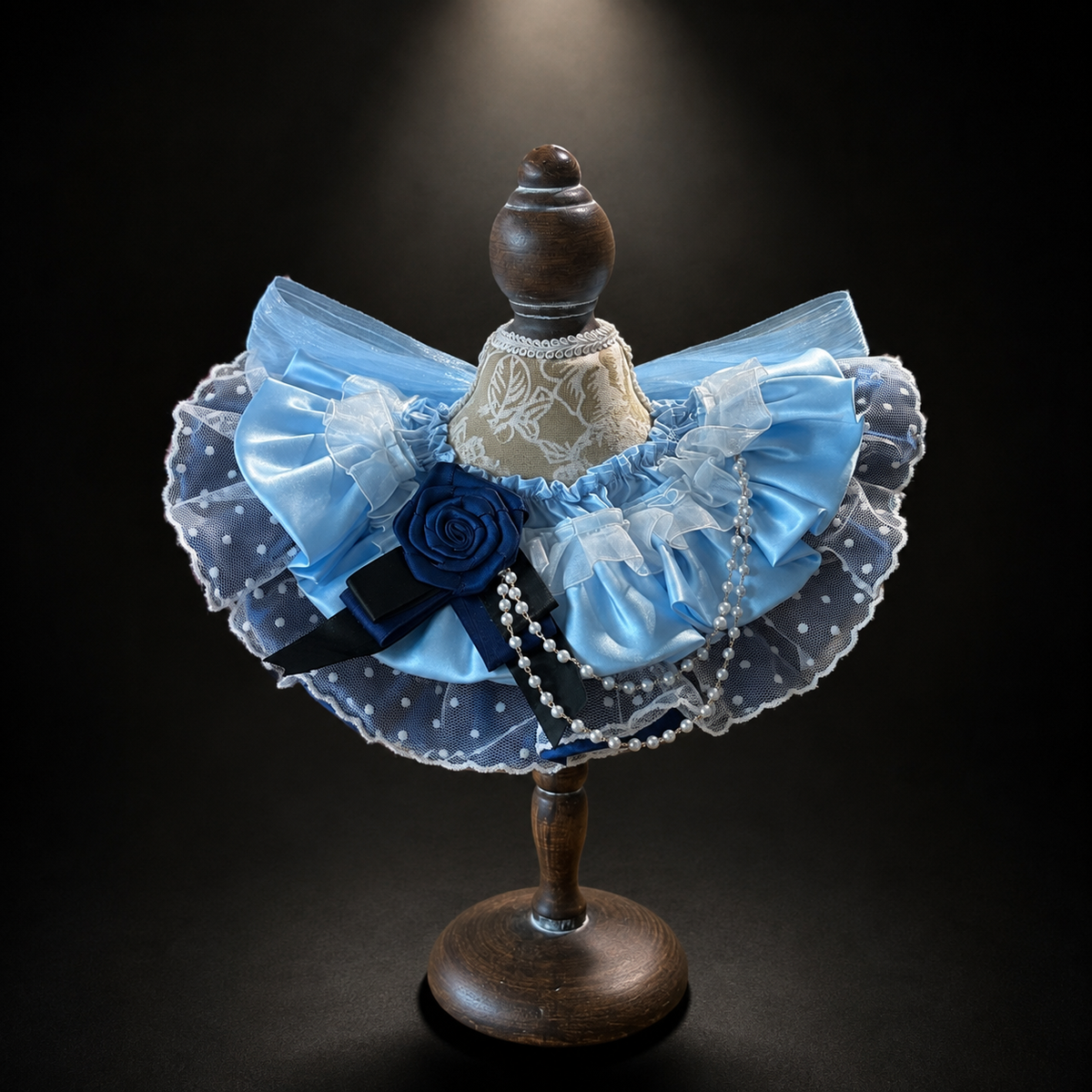 Blue Rosette Satin Lace Pet Bib Collar - blue rosette bib collar front view