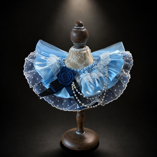 Front view of blue rosette satin lace pet bib collar with ruffles pearl-style drape and bow accents
