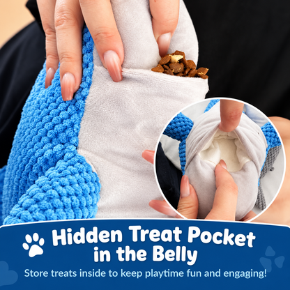 Hidden treat pocket in gray belly of blue dolphin plush dog toy