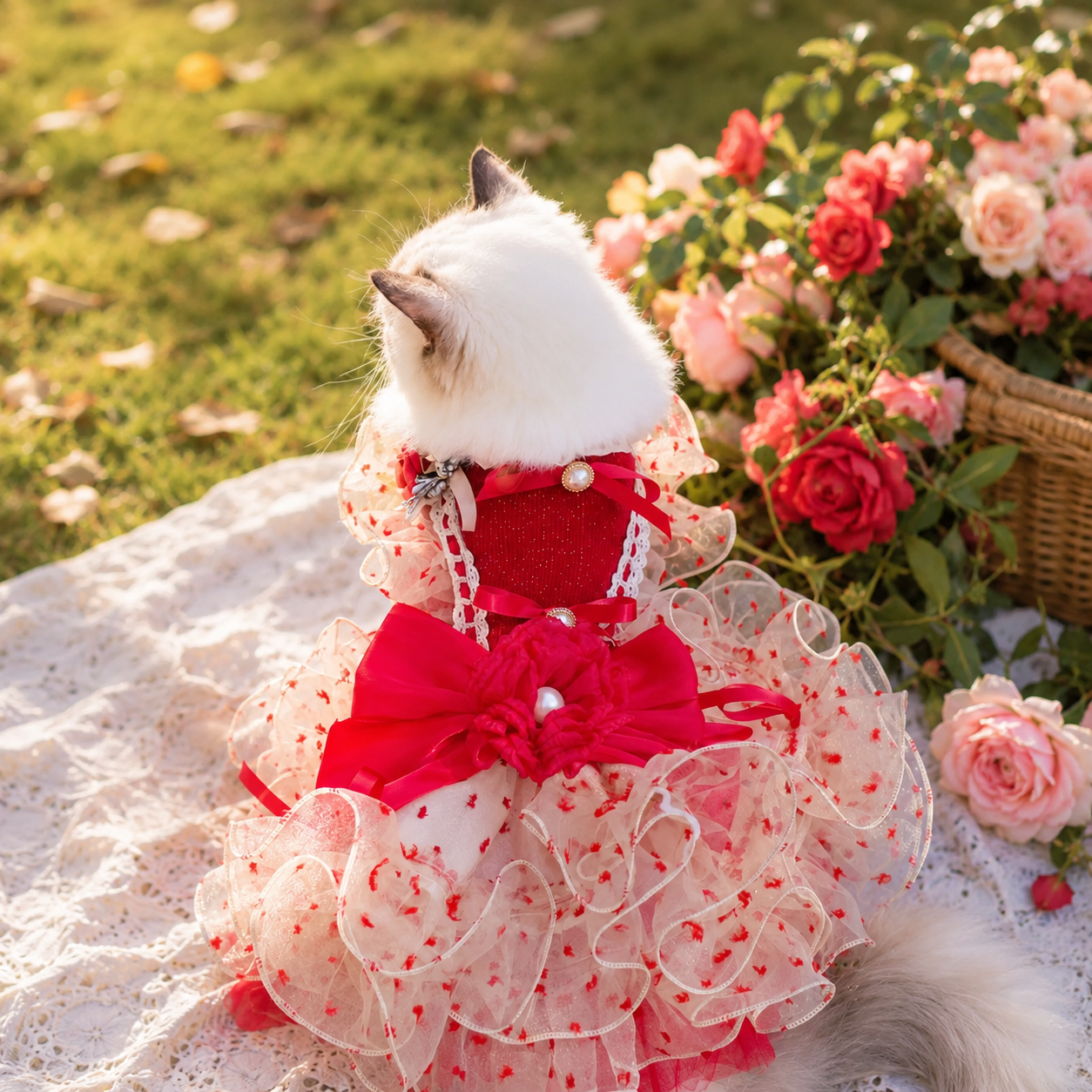 Back view of red and ivory pet wedding dress showing layered train, ribbon trim, and oversized decorative bow