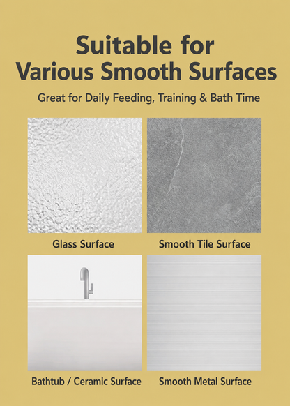 Pet slow feeder mat shown for smooth glass tile ceramic and metal surfaces