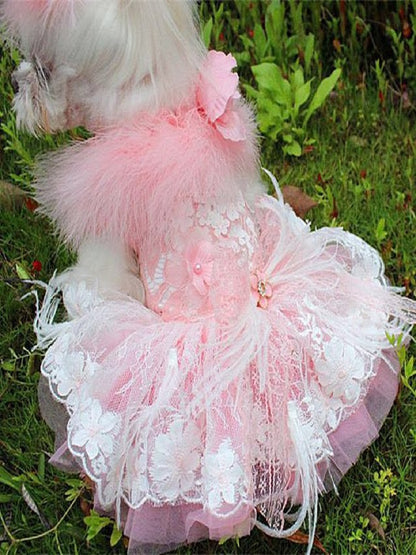 Unique Pet Feather Tutu Dog Lace Dress Princess Dress Pink Swan for Wedding Party Birthday Festival One Piece