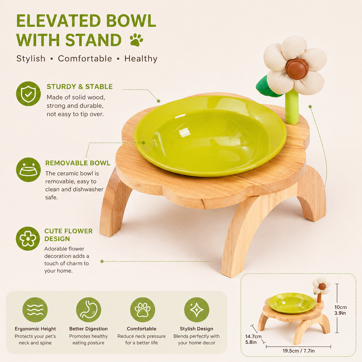 Hand placing ceramic bowl into elevated wooden pet feeder stand