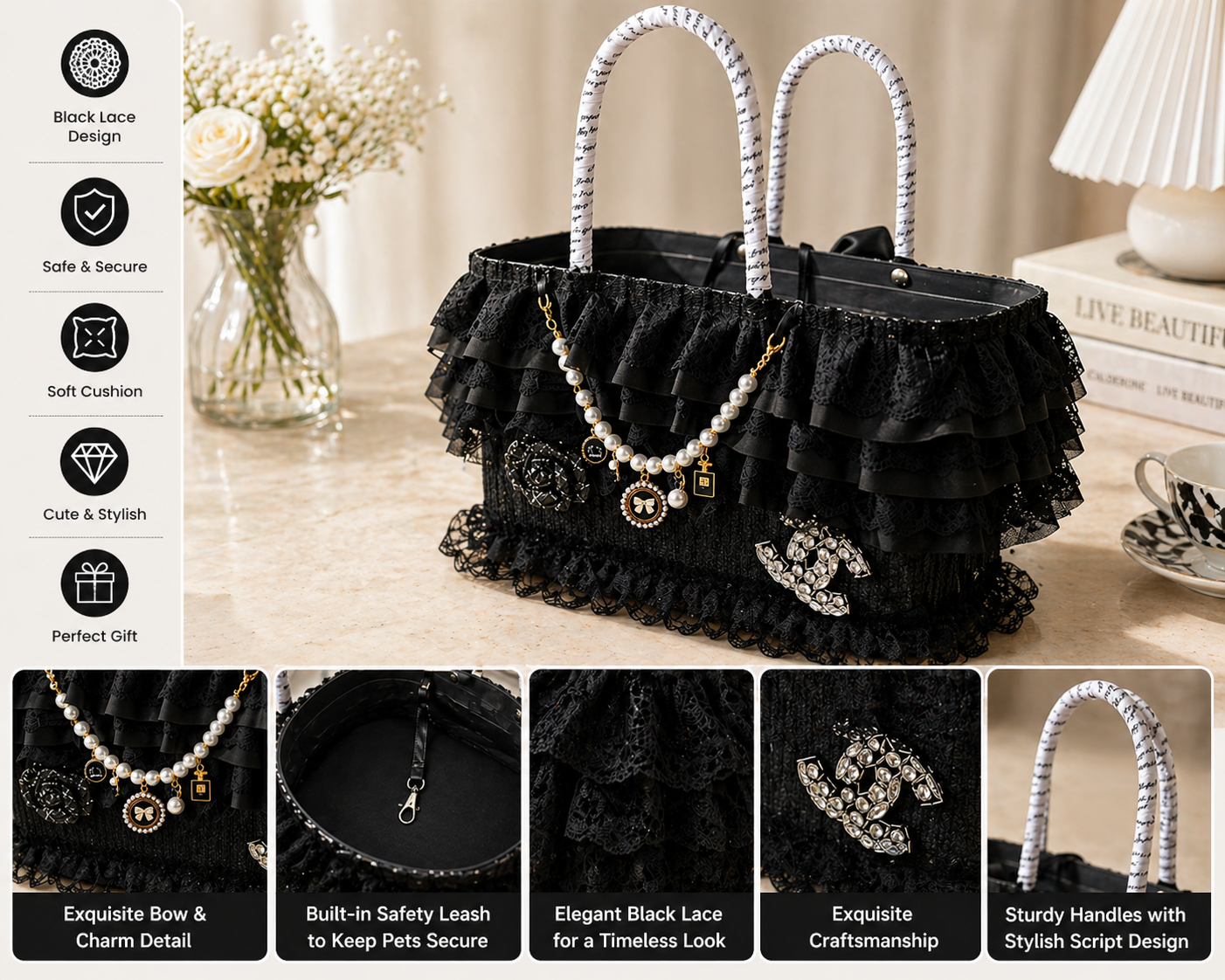 black lace luxury dog carrier bag with pearl charm