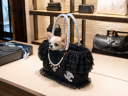 cute dog sitting inside black pet carrier bag