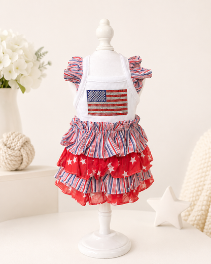 Patriotic Dog Dress USA Flag Ruffle Dress – Red White Blue Puppy Outfit for 4th of July