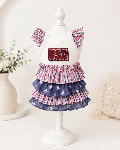Patriotic Dog Dress USA Flag Ruffle Dress – Red White Blue Puppy Outfit for 4th of July