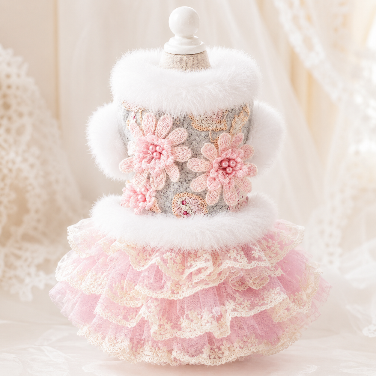 Elegant Floral Wool Dog Coat Dress with Faux Fur and Lace Tulle Skirt Pet Clothes
