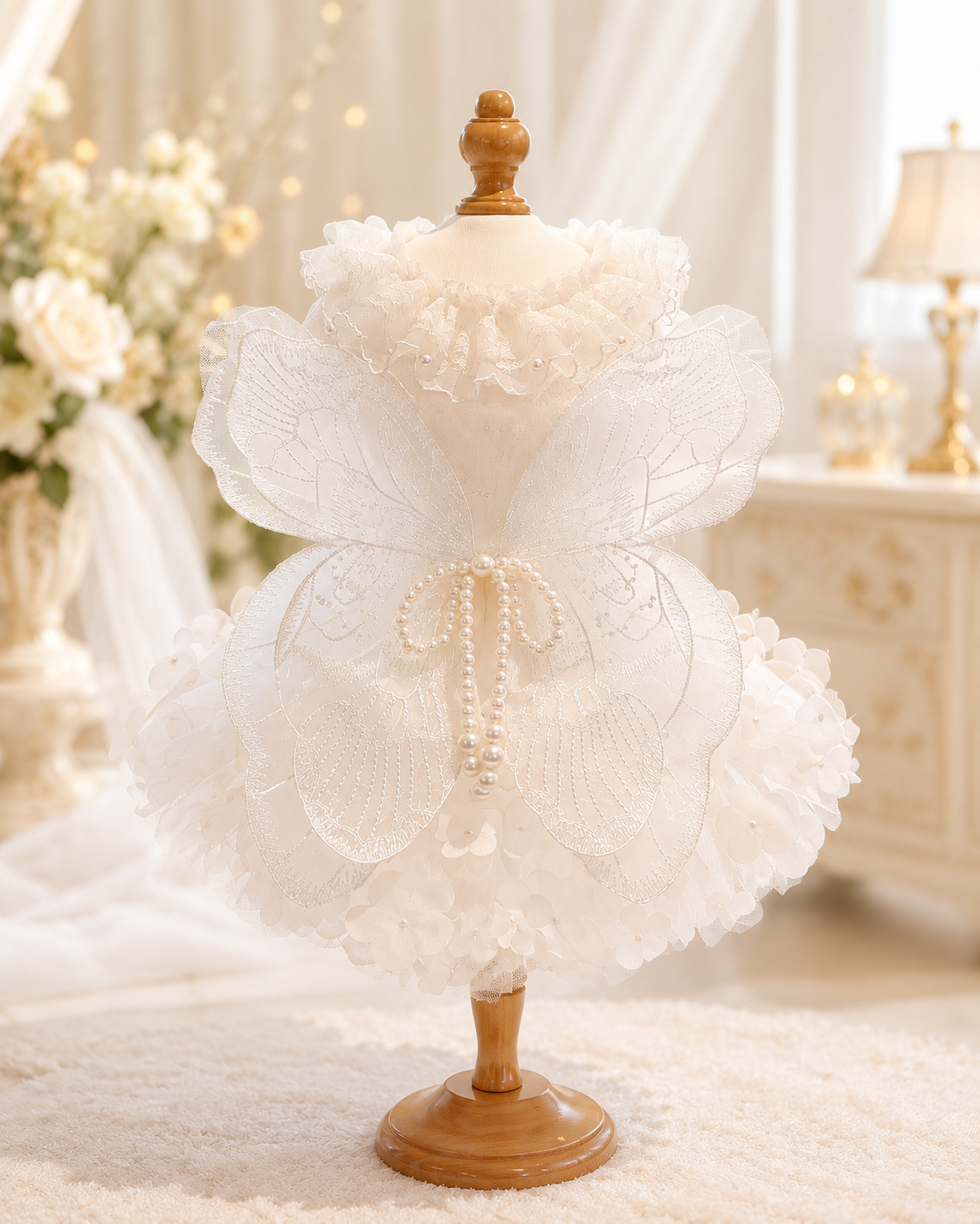 Handmade Luxury White Angel Dog Dress Pearl Butterfly Wedding Pet Dress