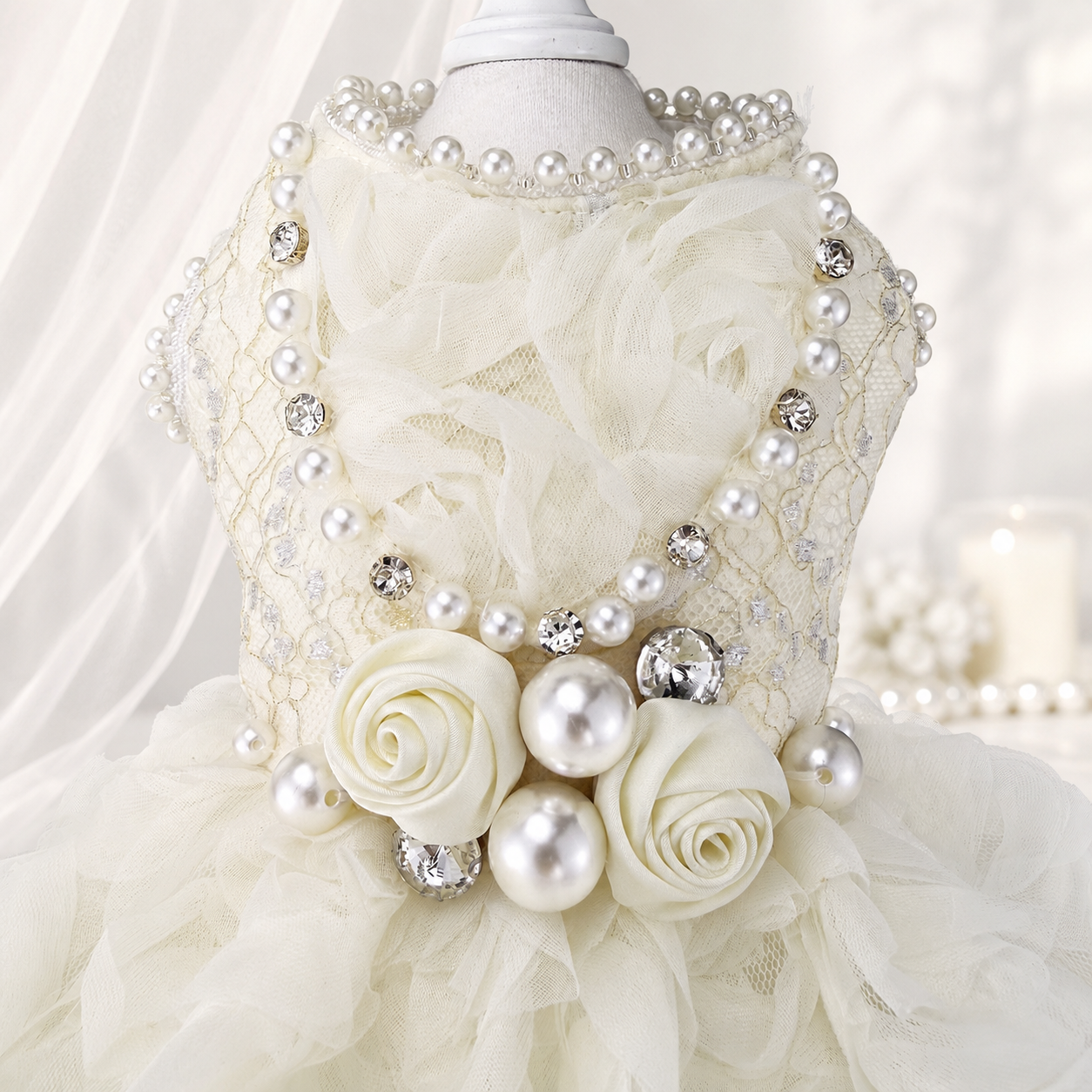 Handmade Luxury Pearl & Rose Lace Pet Dress
