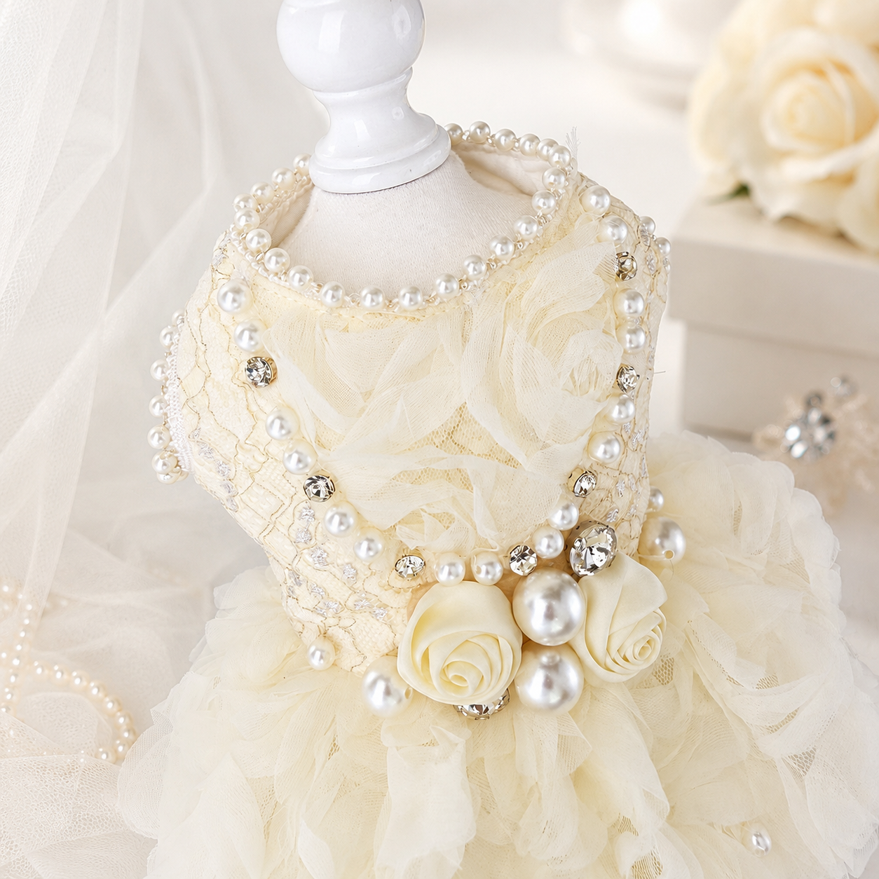 Handmade Luxury Pearl & Rose Lace Pet Dress