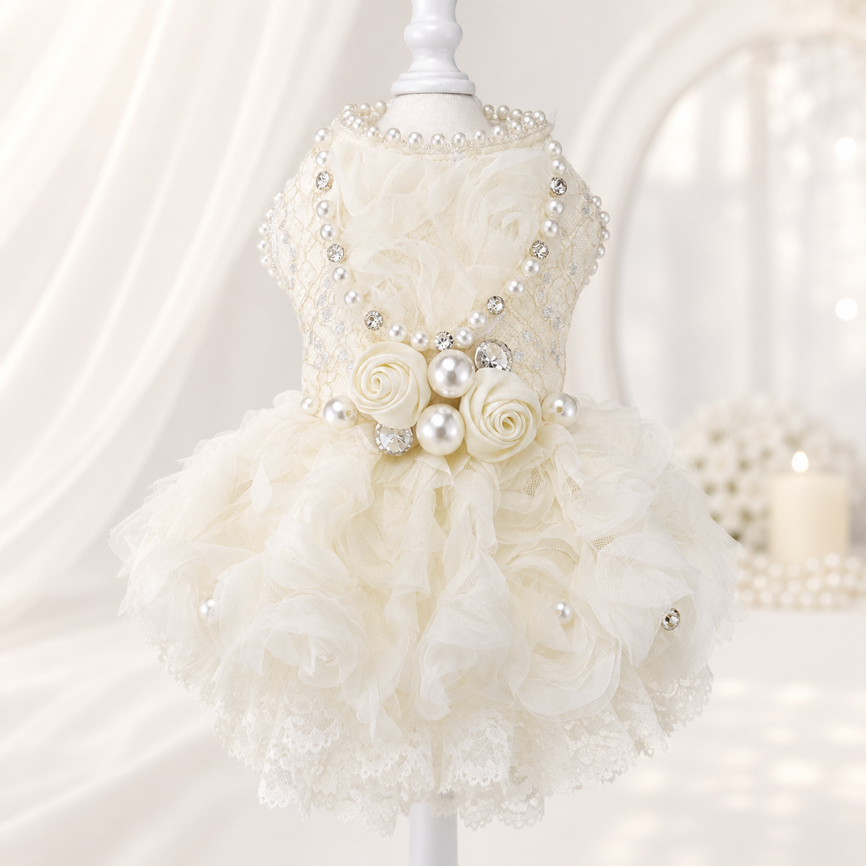 Handmade Luxury Pearl & Rose Lace Pet Dress