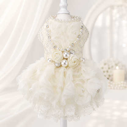 Handmade Luxury Pearl & Rose Lace Pet Dress