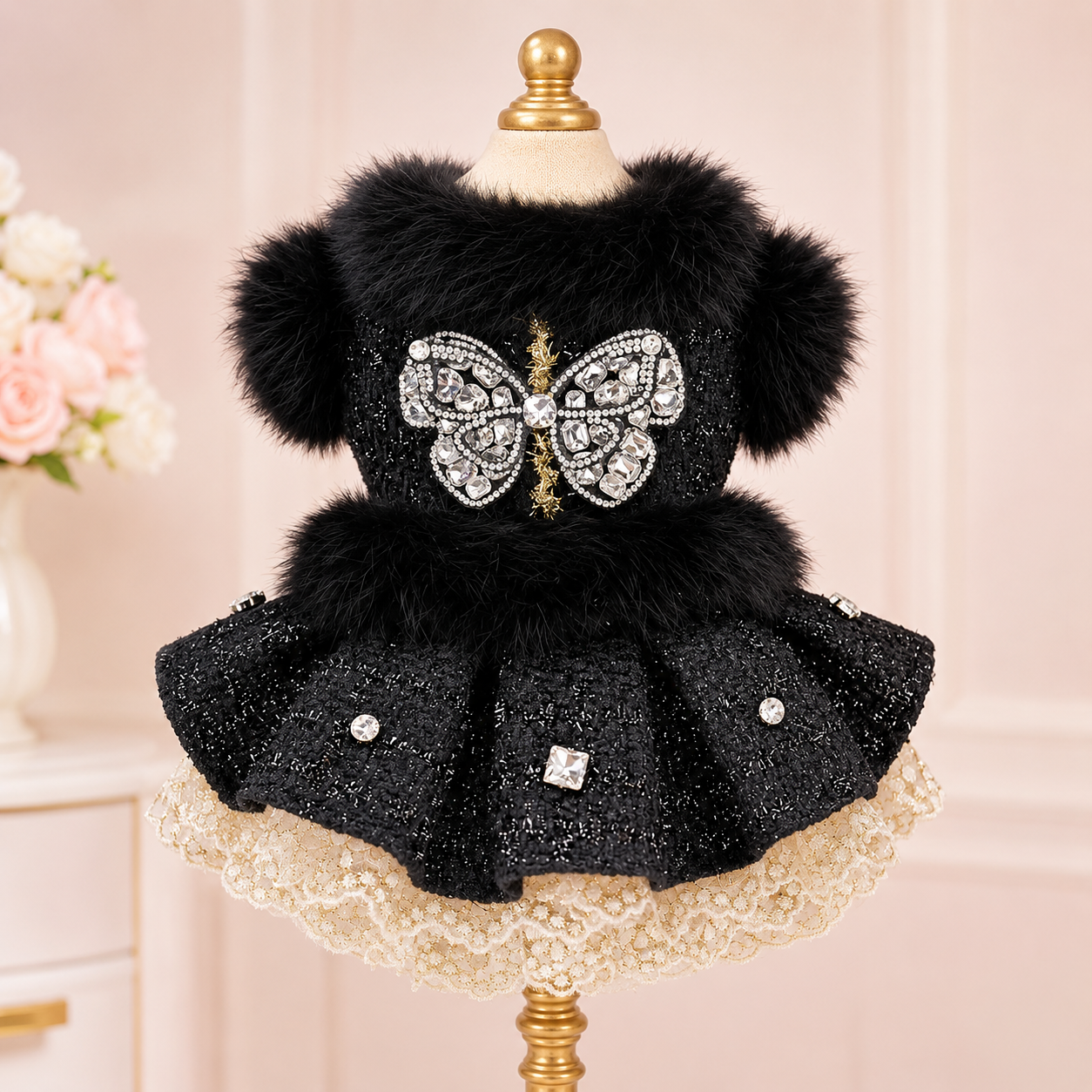 Black Butterfly Embellished Pet Dress Dog Coat